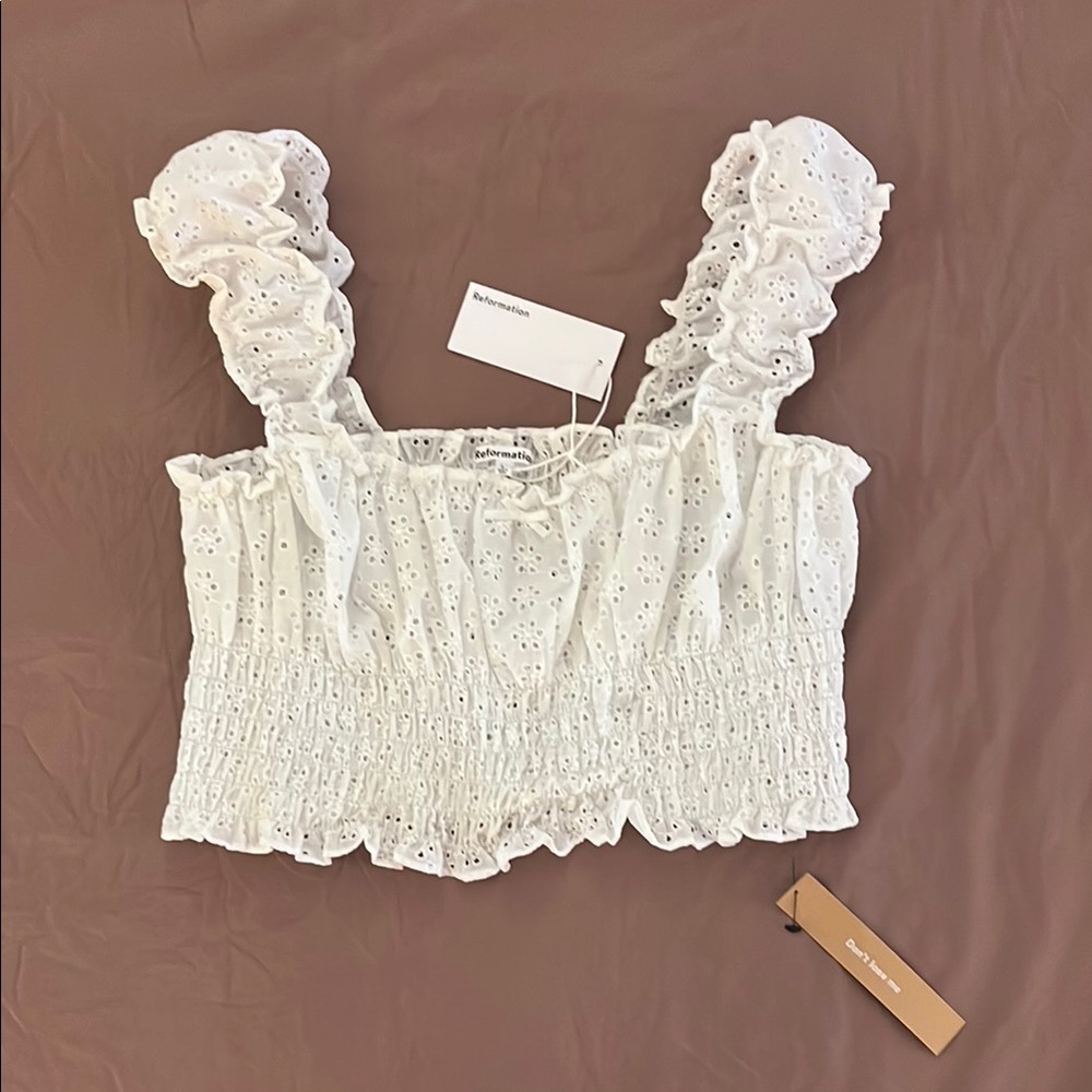 Reformation White Eyelet Smocked Crop Tank - Picture 2 of 6